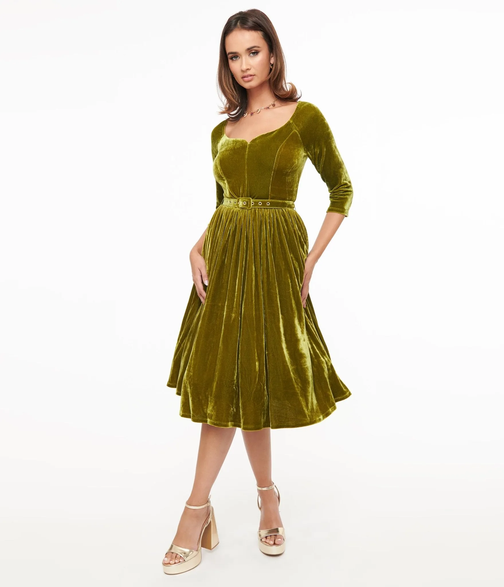 Unique Vintage 1950s Chartreuse Velvet Sweetheart Swing Dress sold by Unique Vintage product image thumbnail 3