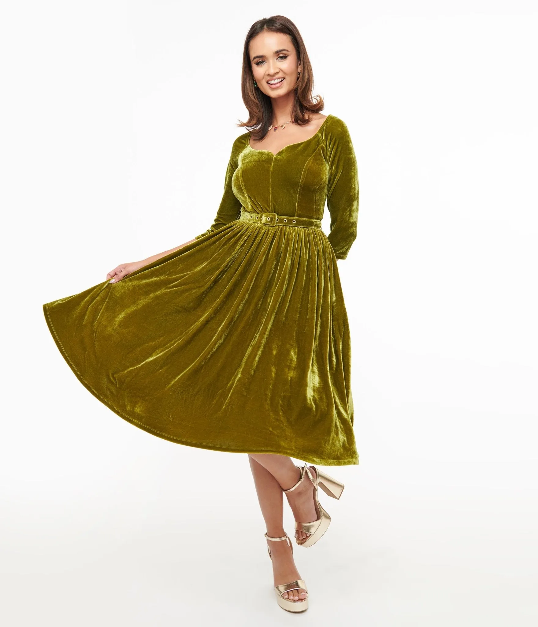 Unique Vintage 1950s Chartreuse Velvet Sweetheart Swing Dress sold by Unique Vintage