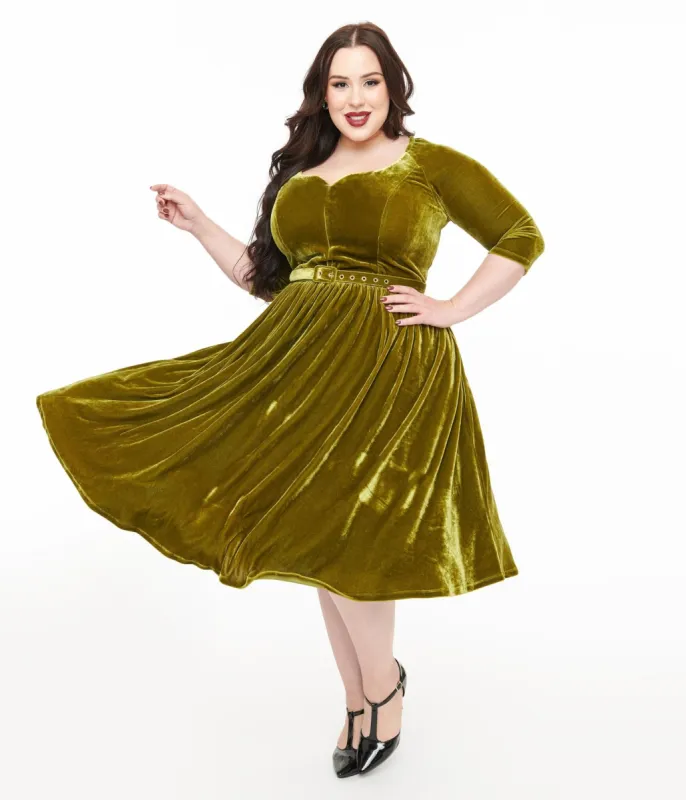 Unique Vintage Plus Size 1950s Chartreuse Velvet Sweetheart Swing Dress sold by Unique Vintage