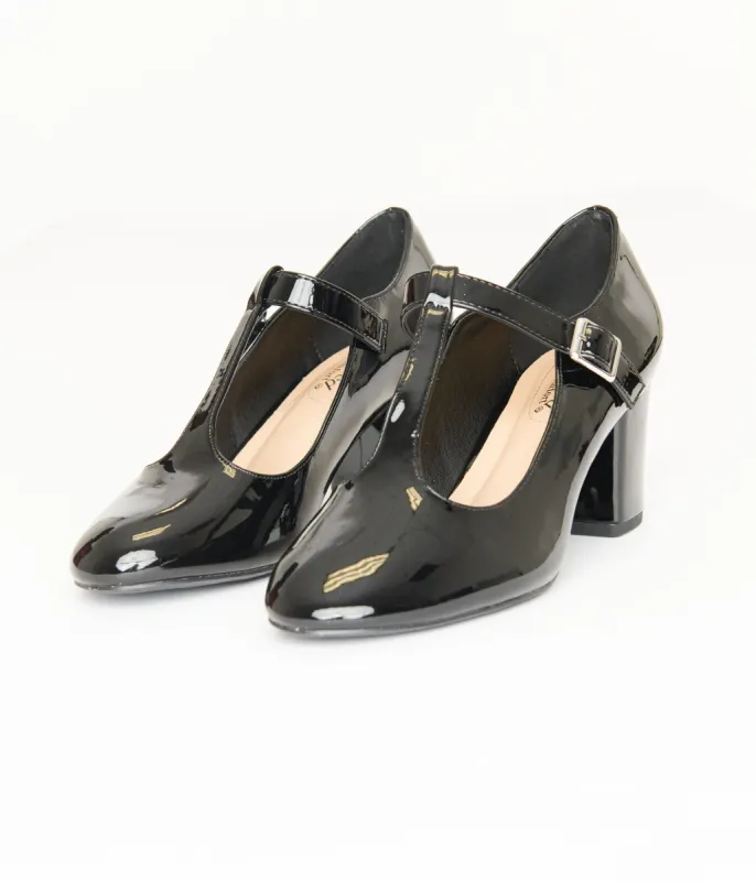 1920s Black Patent Leatherette  T-Strap Mary Jane Heels sold by Unique Vintage