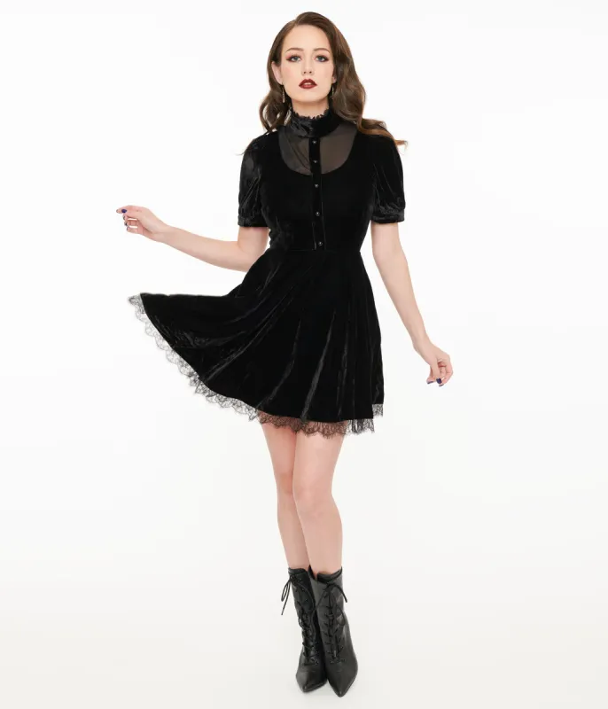 Black Velvet Victoria Goth Fit & Flare Dress sold by Unique Vintage