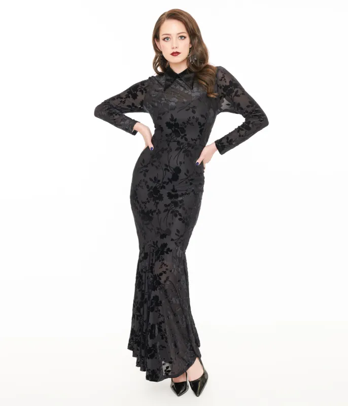 Witchwood Bags Black Sheer Velvet Flocked Floral Ophelia Maxi Mermaid Dress sold by Unique Vintage