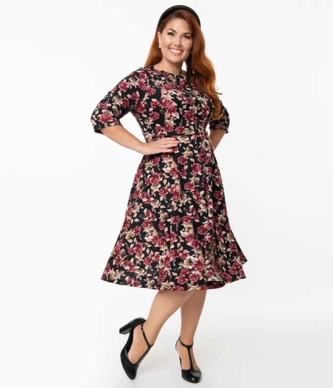Unique Vintage Plus Size Black & Burgundy Floral Nicole Swing Dress made by Unique Vintage