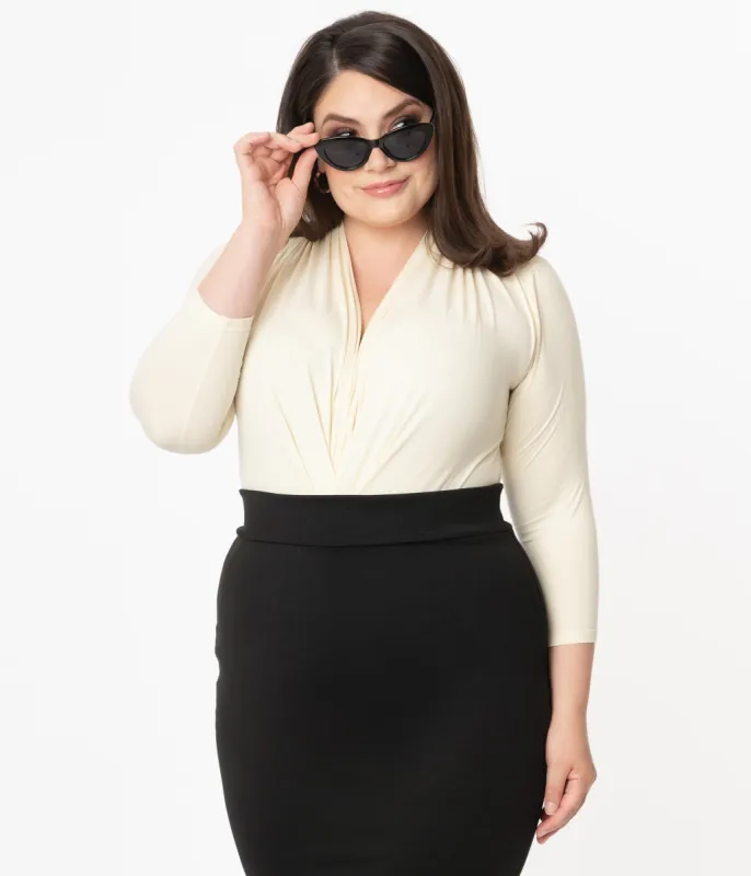 Unique Vintage Plus Size Ivory Gathered Neckline Friday Night Bodysuit sold by Unique Vintage