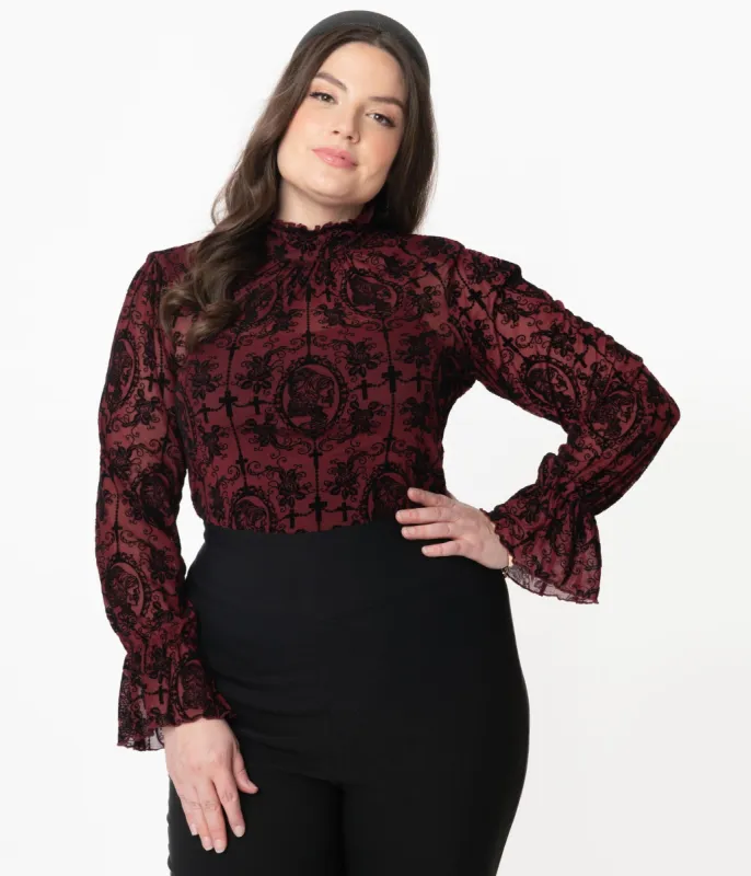 Unique Vintage Plus Size Burgundy & Black La Catrina Velvet Burnout Donna Blouse sold by Unique Vintage