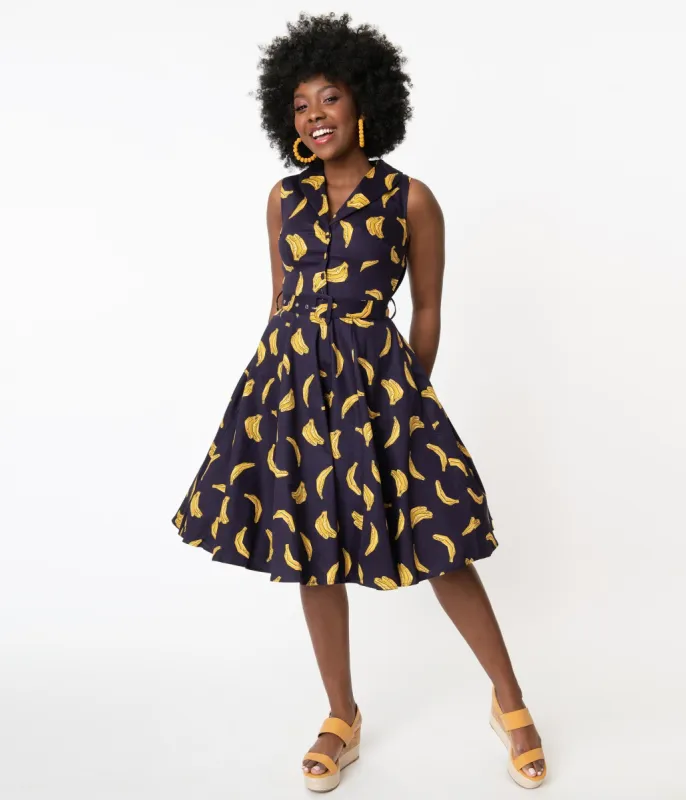 1960s Navy & Yellow Banana Print Jani Swing Dress made by Unique Vintage