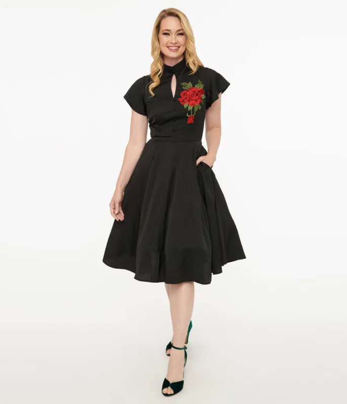 Unique Vintage 1940s Black & Red Poinsettia Baltimore Swing Dress made by Unique Vintage