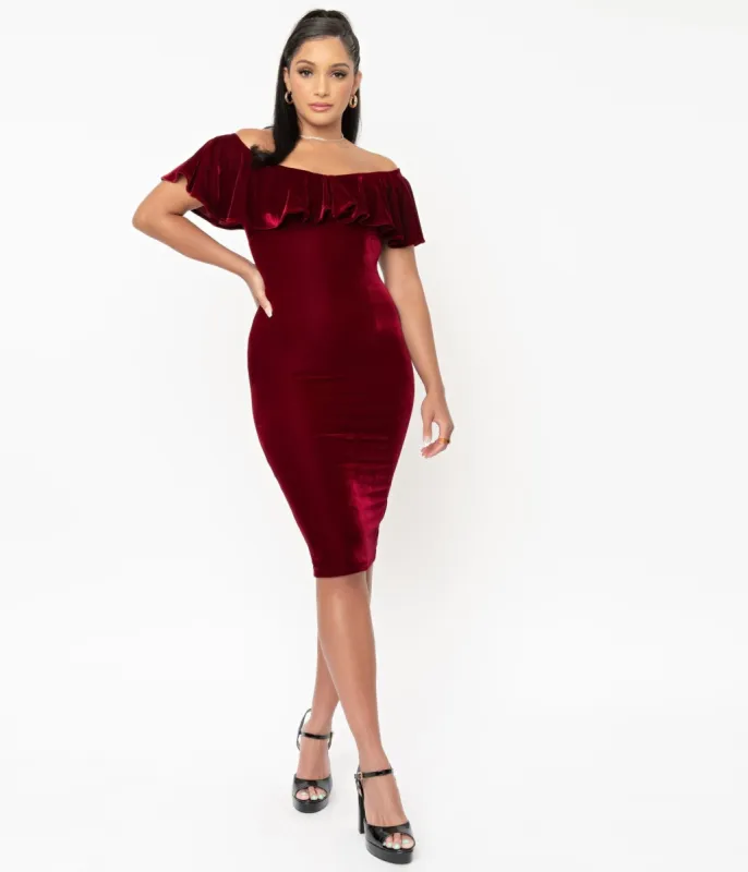Unique Vintage 1950s Burgundy Red Velvet Sophia Wiggle Dress sold by Unique Vintage