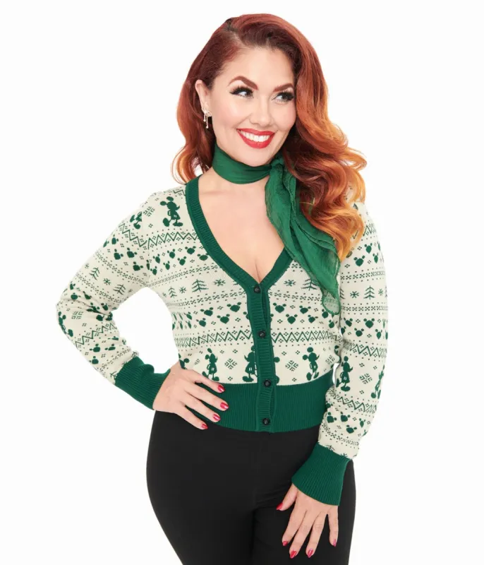 Disney Holiday Collection by Unique Vintage Green Mickey Fair Isle Jacquard Sweater Cardigan sold by Unique Vintage