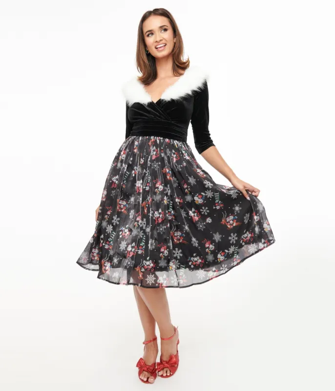 Disney Holiday Collection by Unique Vintage Minnie & Mickey Fur Collared Marceline Swing Dress sold by Unique Vintage