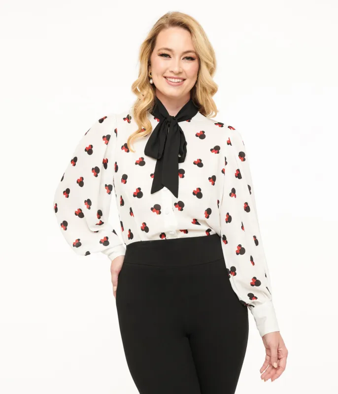Disney Mickey & Friends Collection by Unique Vintage White Minnie Mouse Stamp Print Gwen Blouse made by Unique Vintage