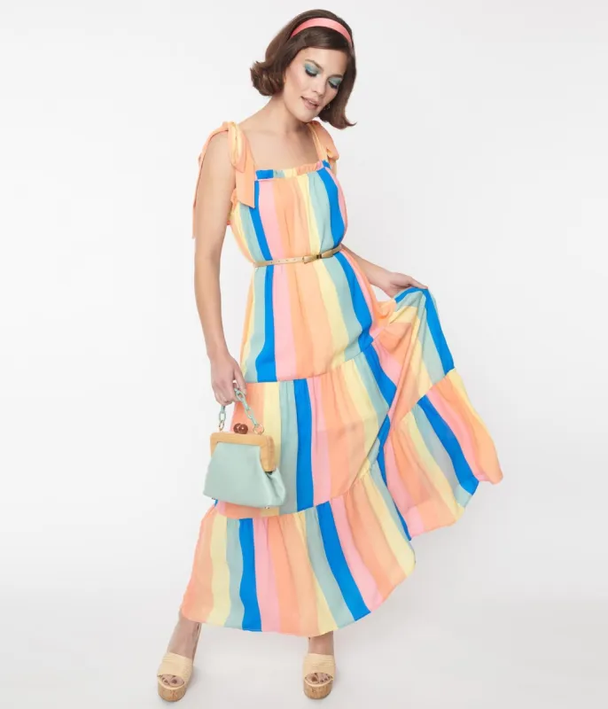 Pastel Rainbow Stripe Tiered Maxi Dress sold by Unique Vintage