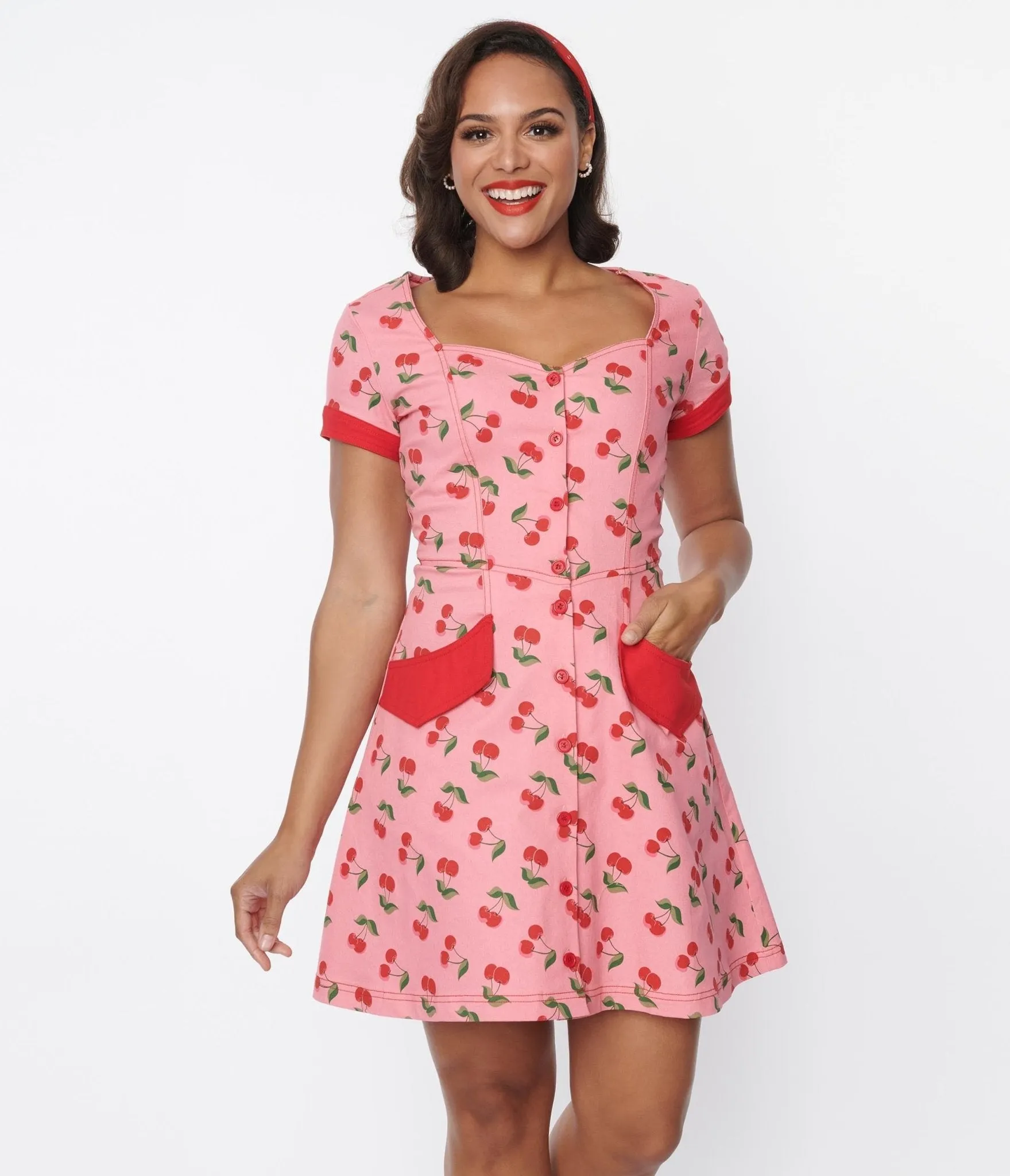 Unique Vintage 1970s Pink Denim & Cherry Fit & Flare Dress sold by Unique Vintage product image thumbnail 4