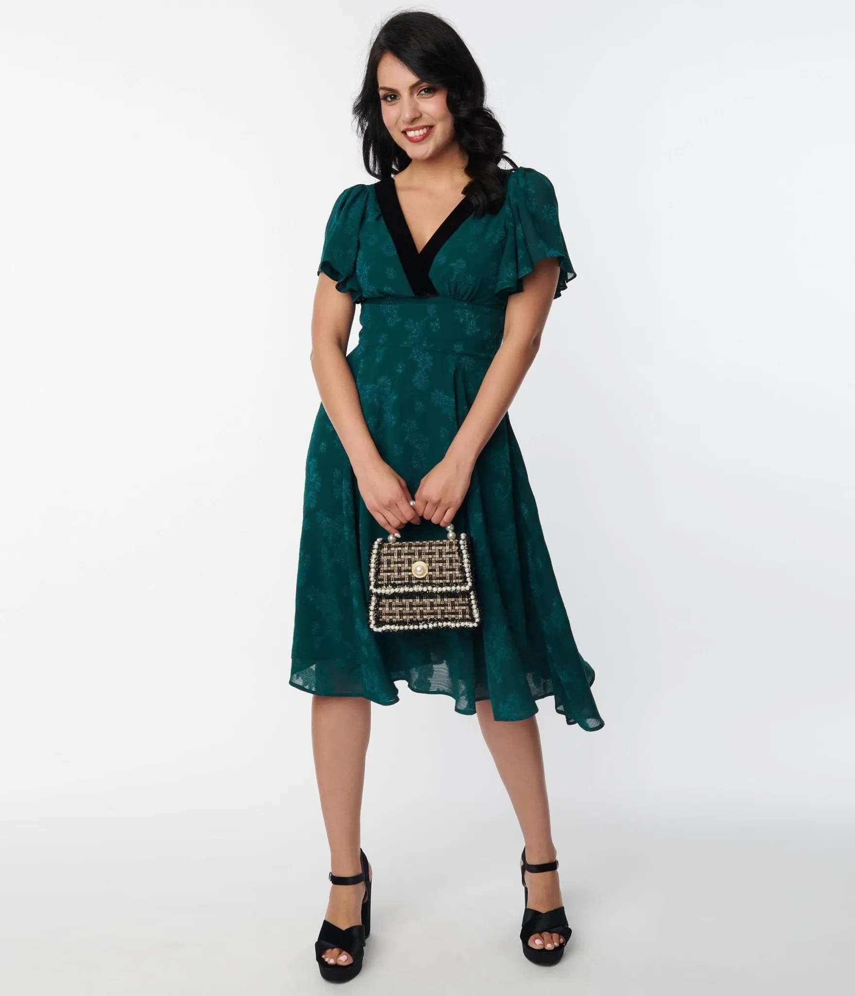 Unique Vintage 1940s Emerald Floral Jacquard Swing Dress sold by Unique Vintage product image thumbnail 4