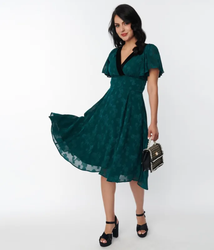 Unique Vintage 1940s Emerald Floral Jacquard Swing Dress sold by Unique Vintage