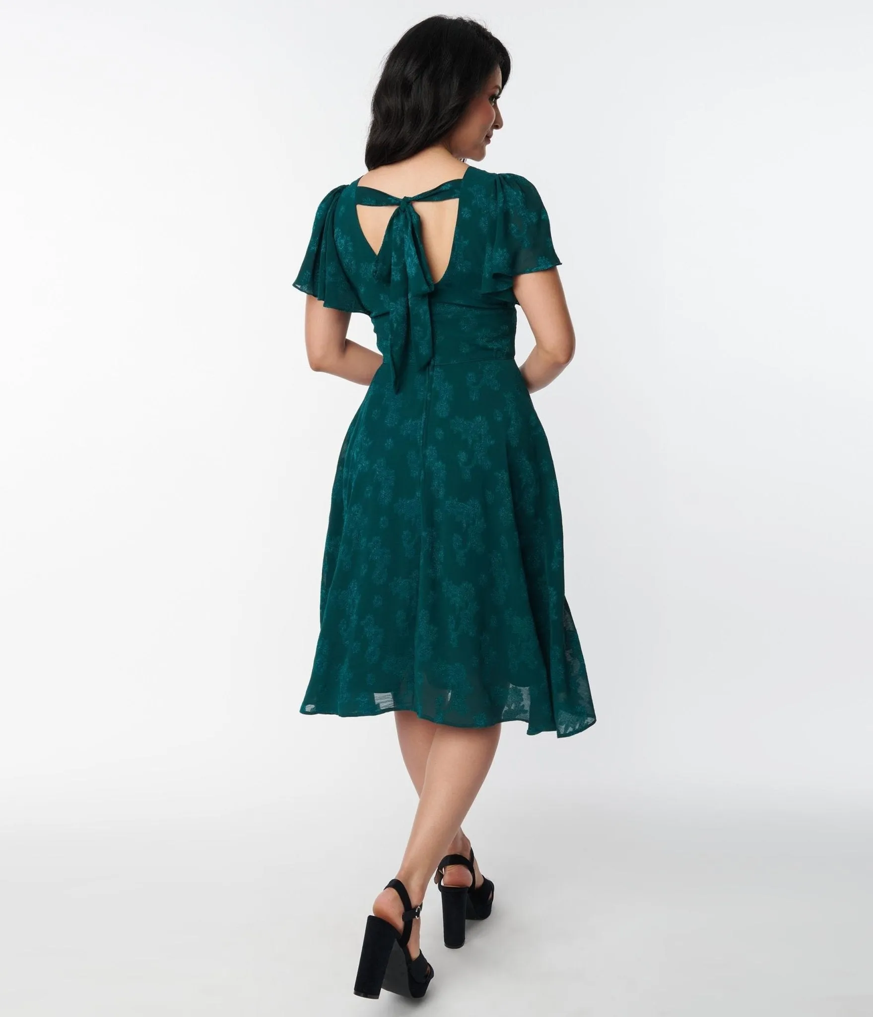 Unique Vintage 1940s Emerald Floral Jacquard Swing Dress sold by Unique Vintage product image thumbnail 2