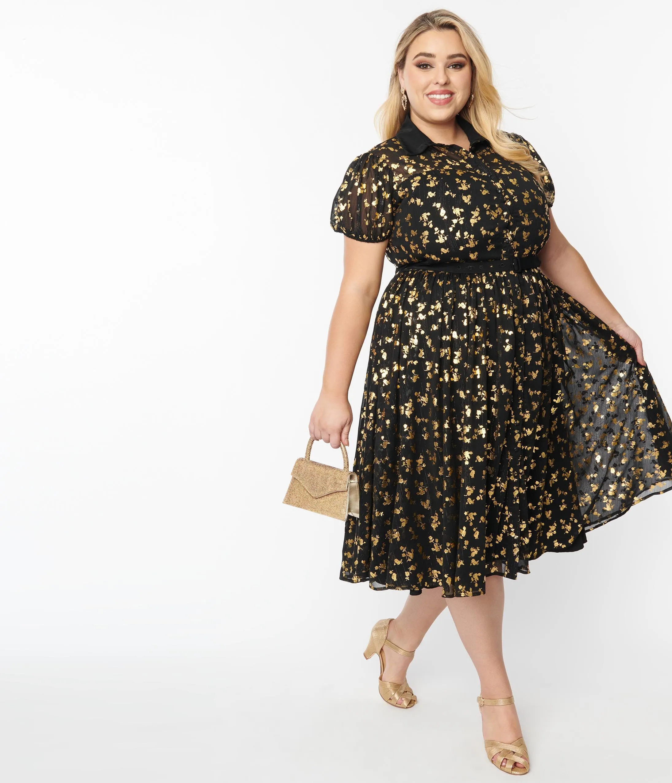Unique Vintage Plus Size Black & Gold Foil Floral Hollie Swing Dress sold by Unique Vintage product image thumbnail 4