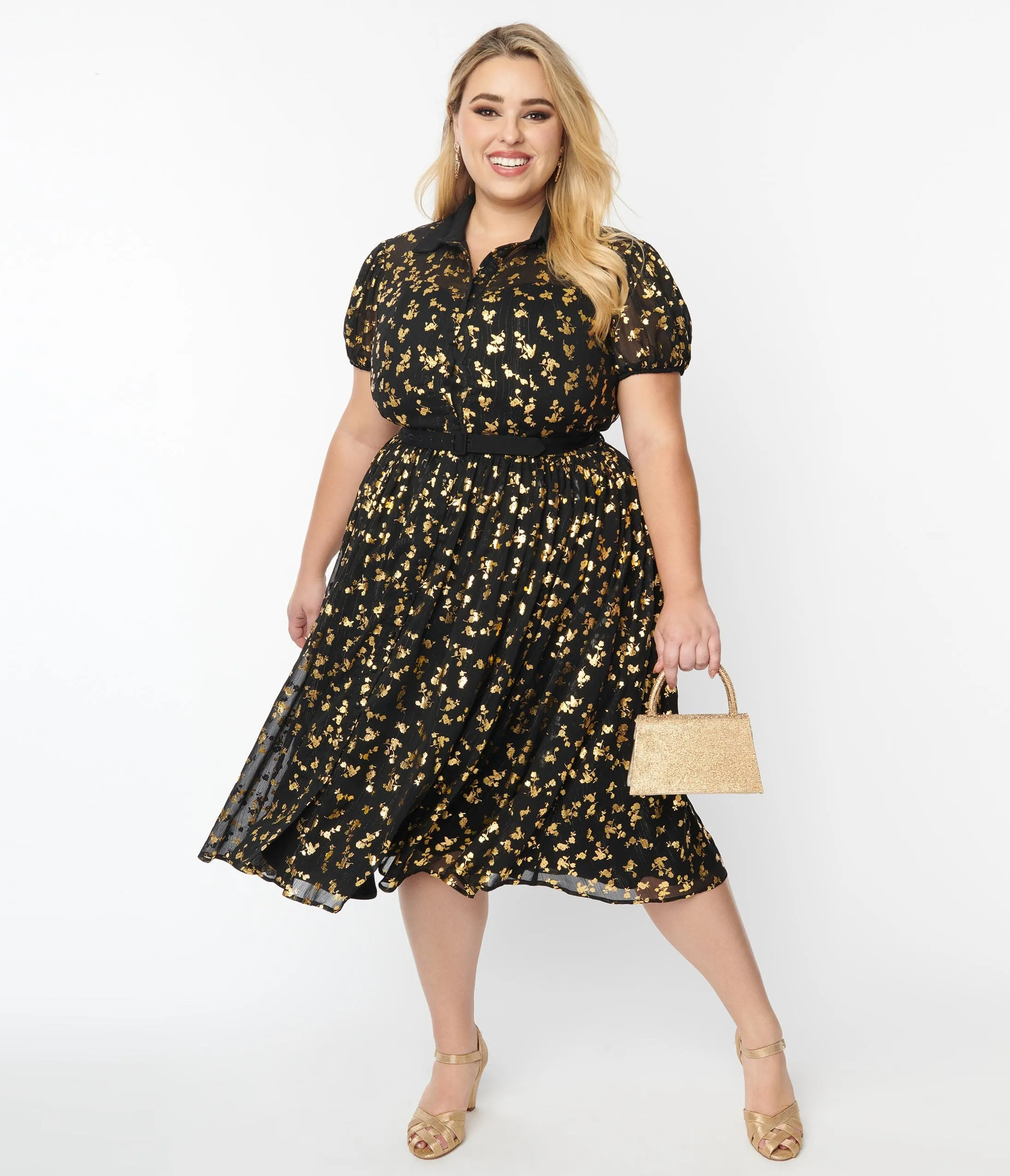 Unique Vintage Plus Size Black & Gold Foil Floral Hollie Swing Dress sold by Unique Vintage