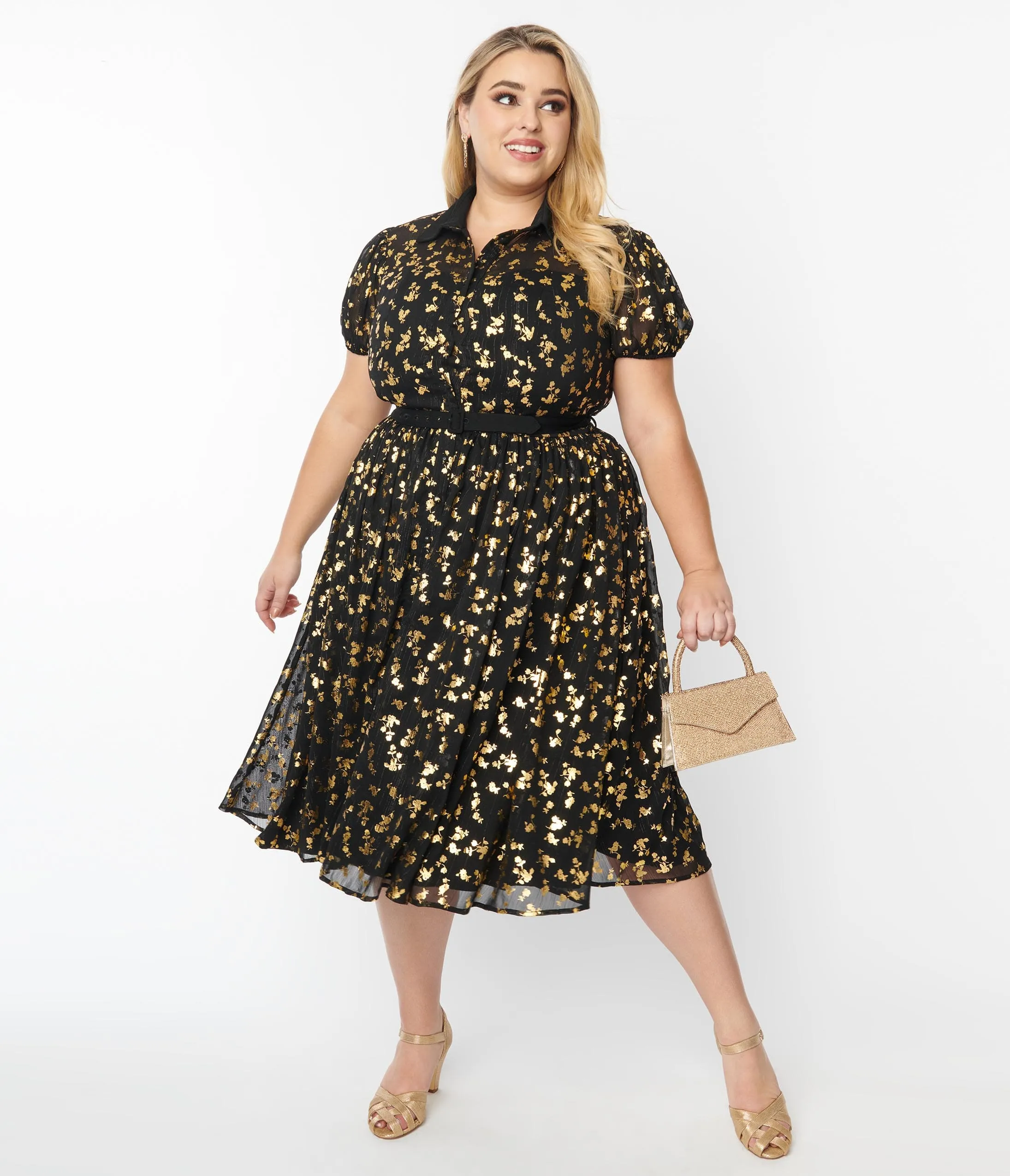 Unique Vintage Plus Size Black & Gold Foil Floral Hollie Swing Dress sold by Unique Vintage product image thumbnail 5