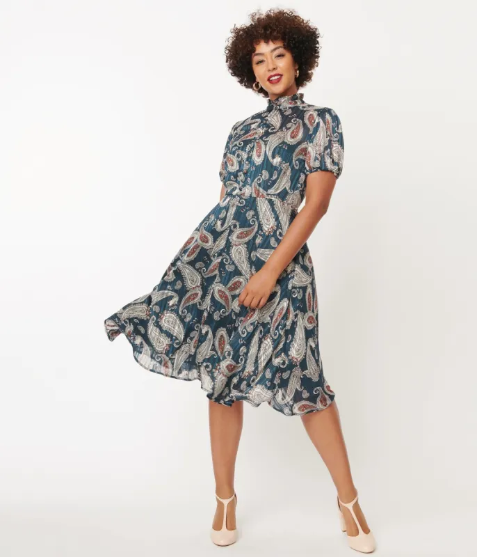 Unique Vintage Teal Paisley Print Leota Swing Dress sold by Unique Vintage