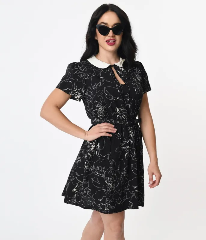 Unique Vintage Black & White Floral Abstract Print Isla Flare Dress sold by Unique Vintage