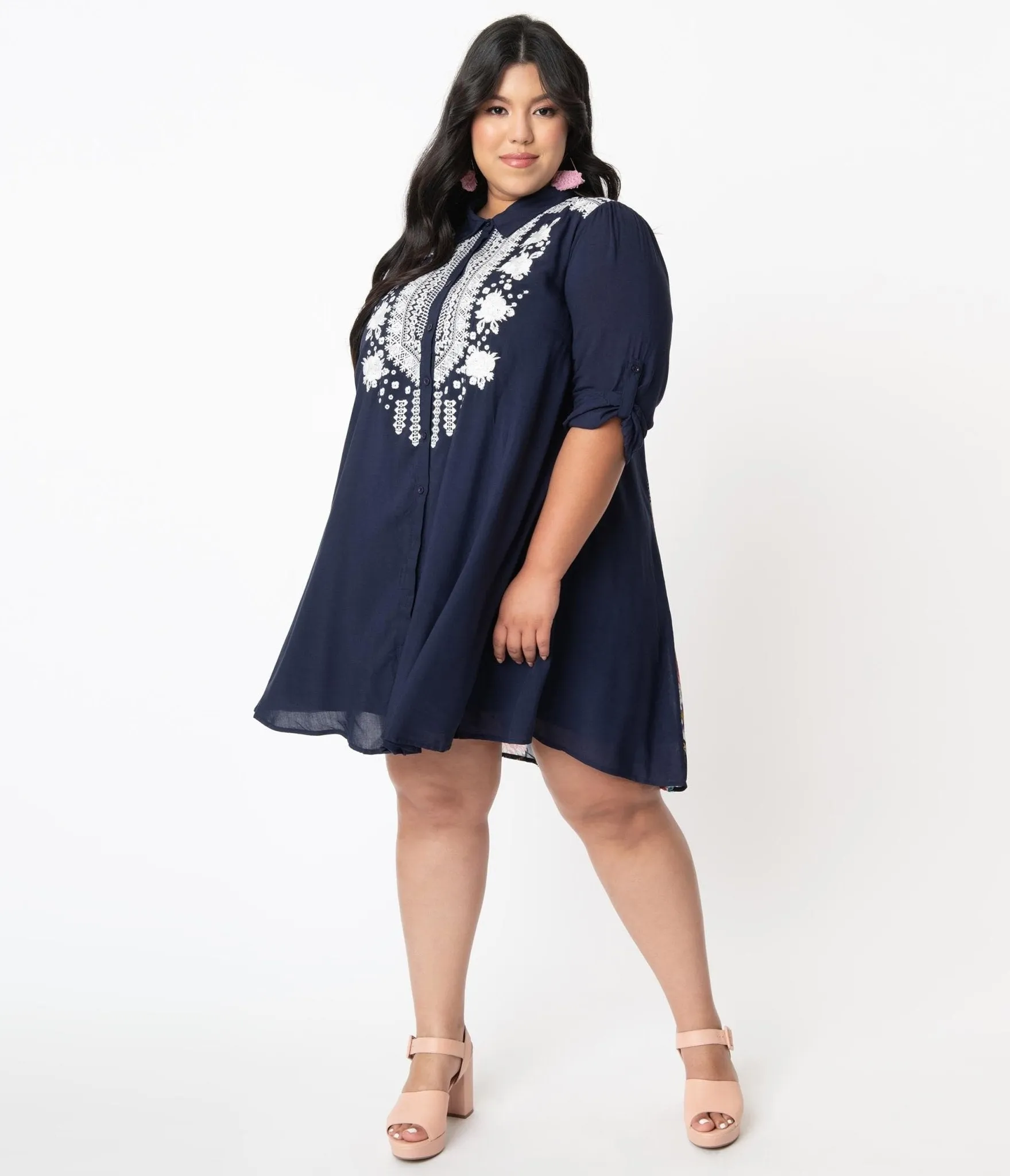 Plus Size Navy Blue & White Embroidered Floral Shirt Dress sold by Unique Vintage product image thumbnail 5