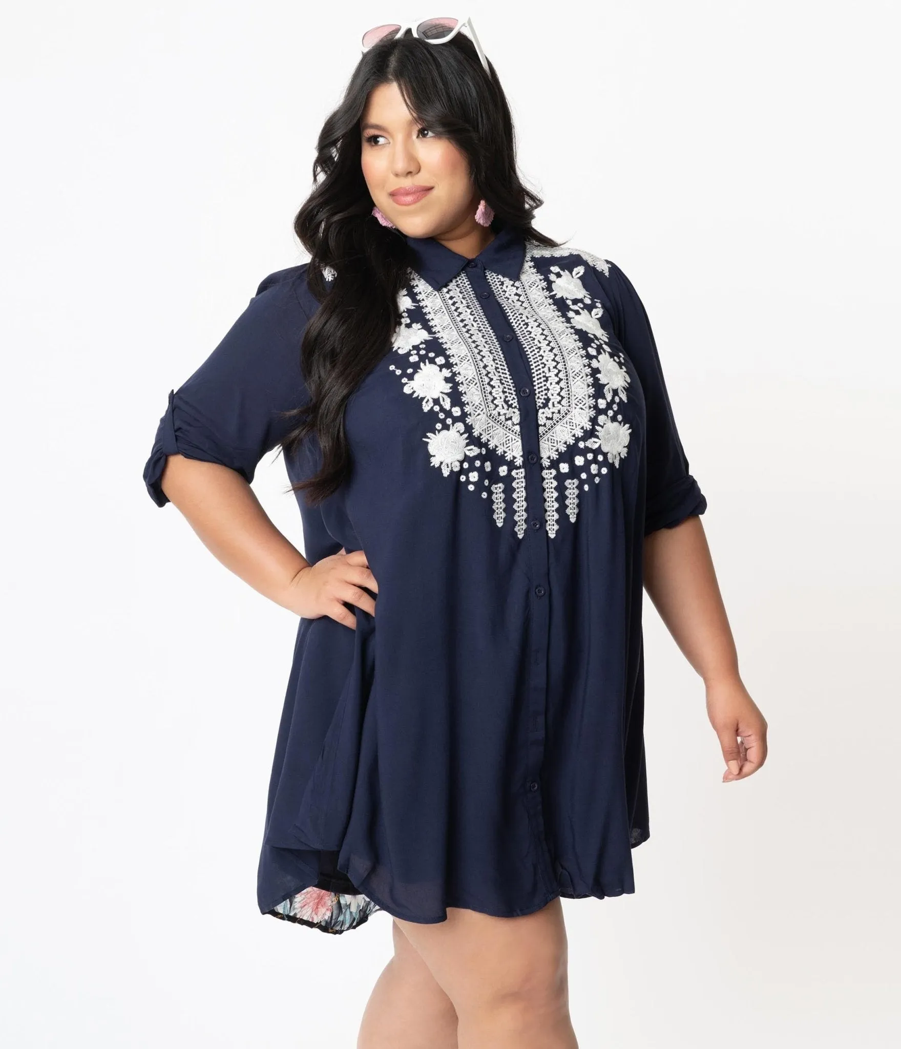Plus Size Navy Blue & White Embroidered Floral Shirt Dress sold by Unique Vintage product image thumbnail 2