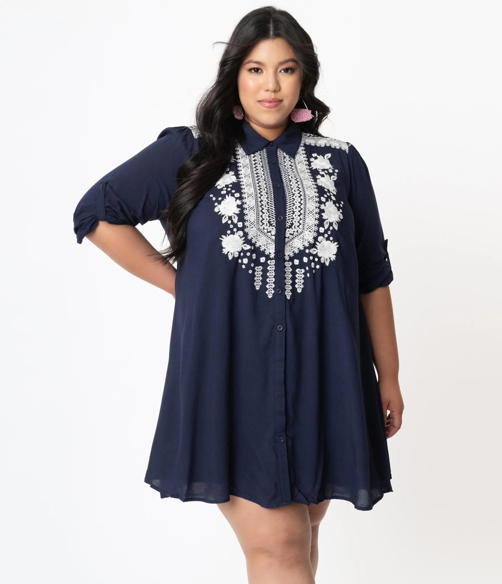 Plus Size Navy Blue & White Embroidered Floral Shirt Dress sold by Unique Vintage product image thumbnail 3