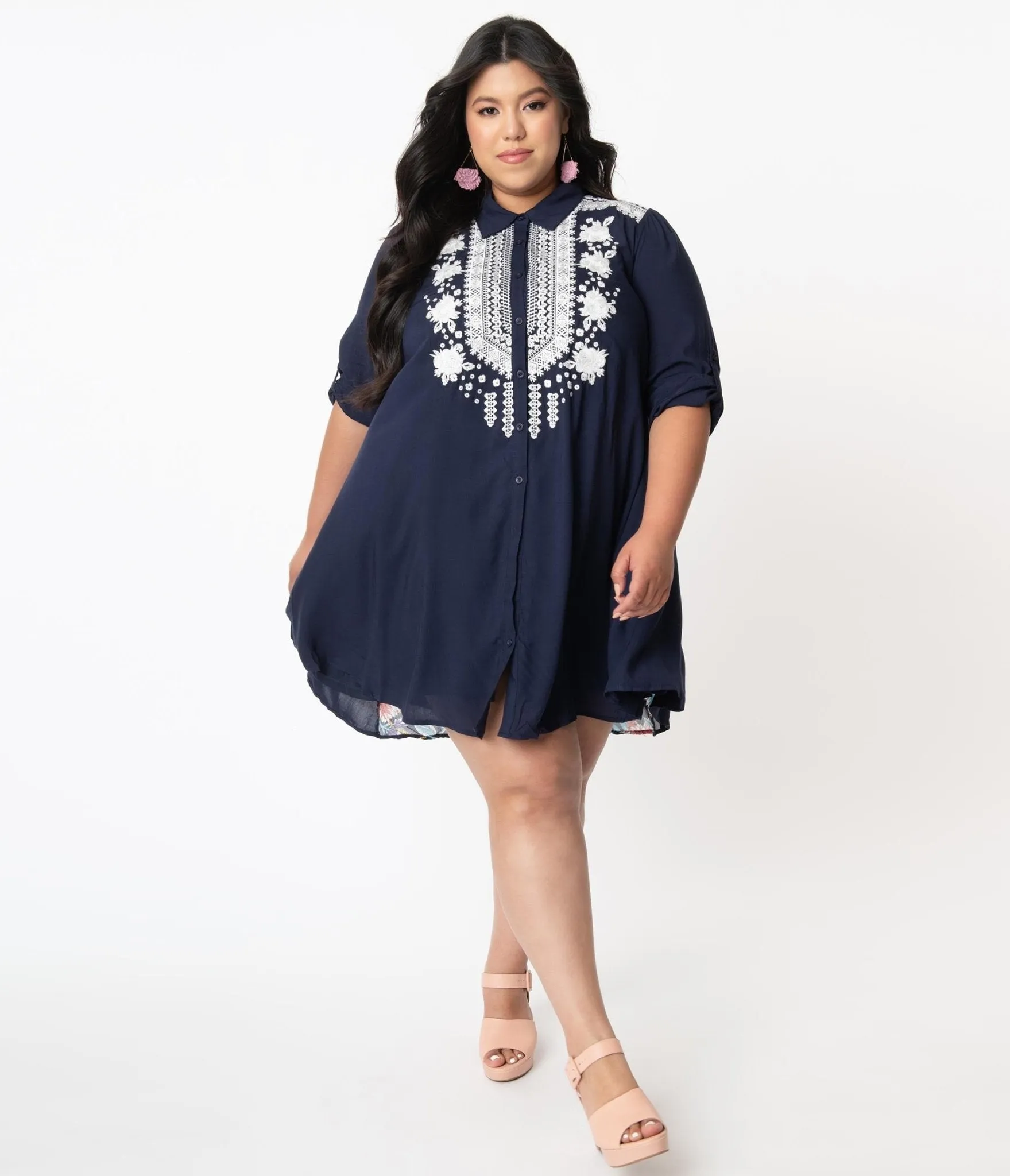 Plus Size Navy Blue & White Embroidered Floral Shirt Dress sold by Unique Vintage product image thumbnail 4