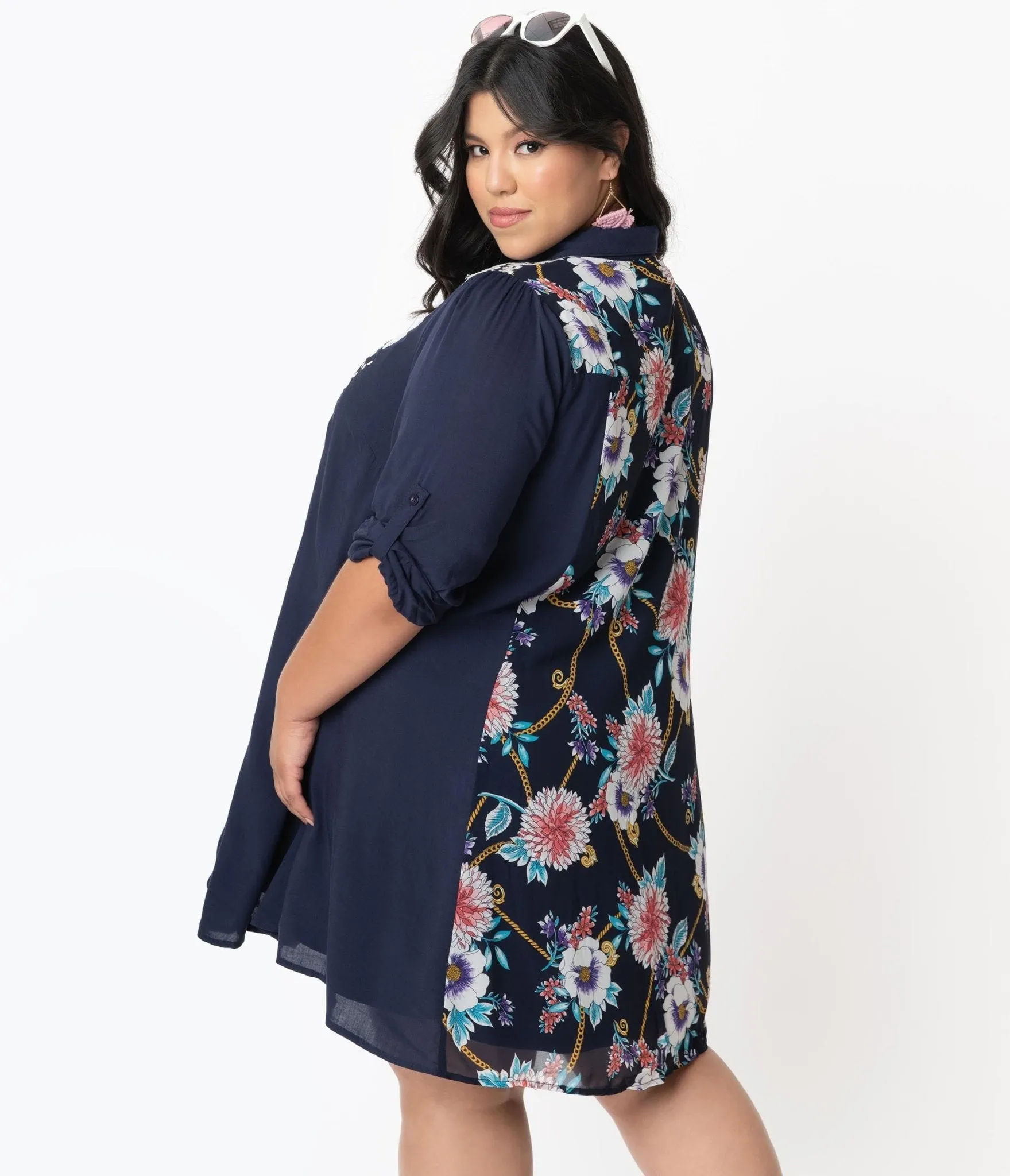 Plus Size Navy Blue & White Embroidered Floral Shirt Dress sold by Unique Vintage