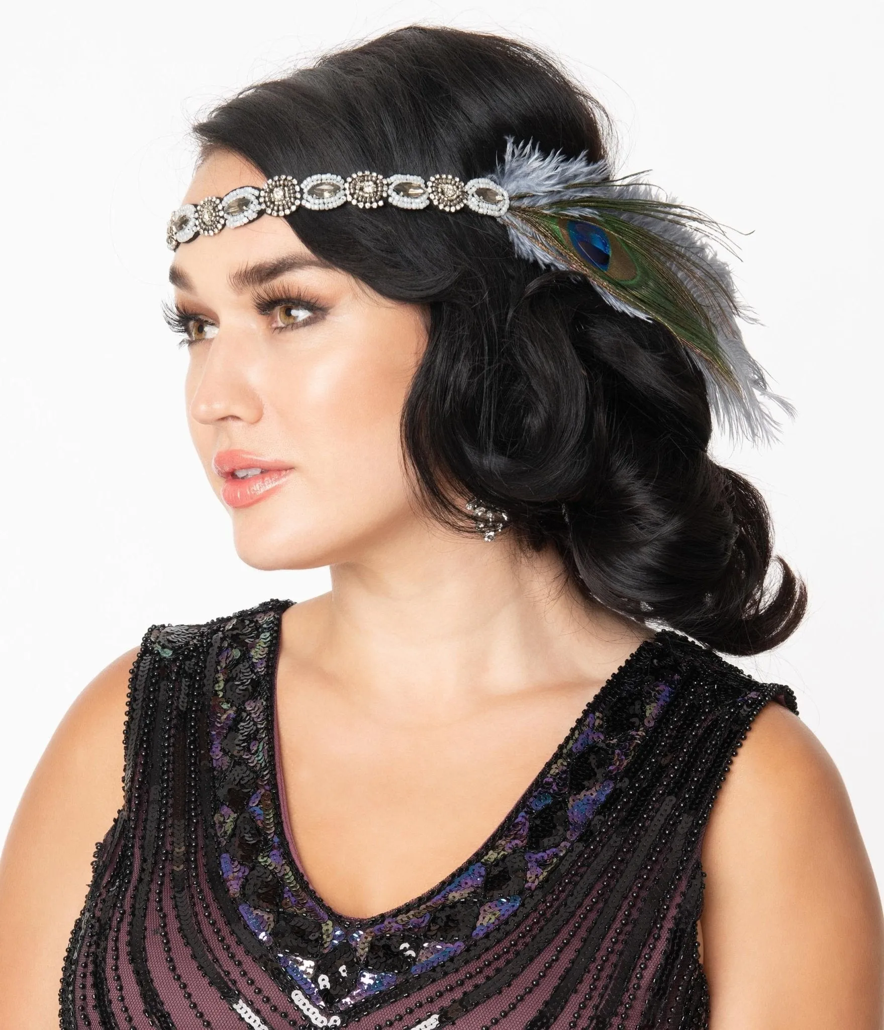 Unique Vintage 1920s Peacock & Dusty Blue Feather Beaded Flapper Headband sold by Unique Vintage