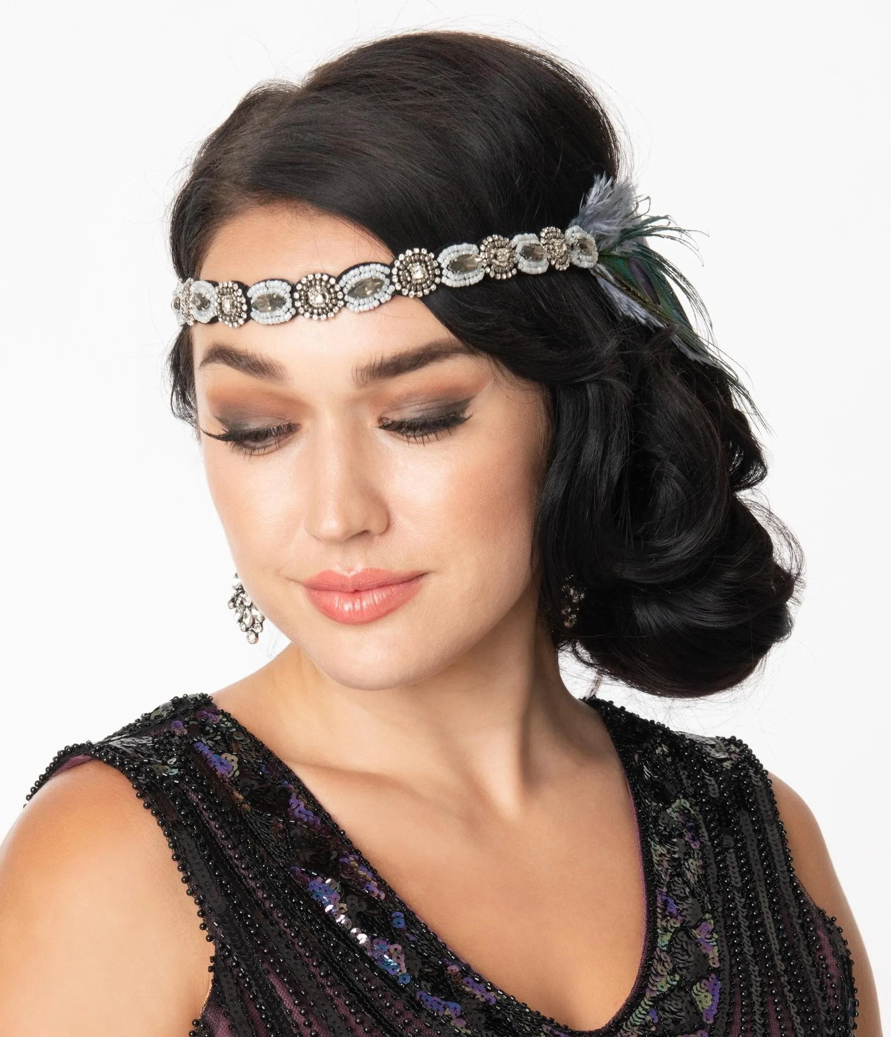 Unique Vintage 1920s Peacock & Dusty Blue Feather Beaded Flapper Headband sold by Unique Vintage product image thumbnail 3