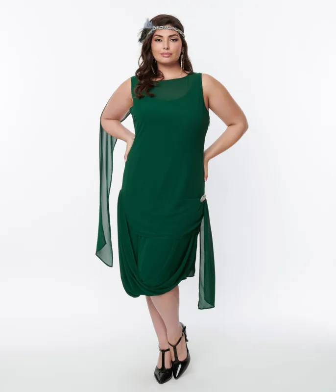 Unique Vintage 1920s Emerald Green Draped Flapper Dress made by Unique Vintage