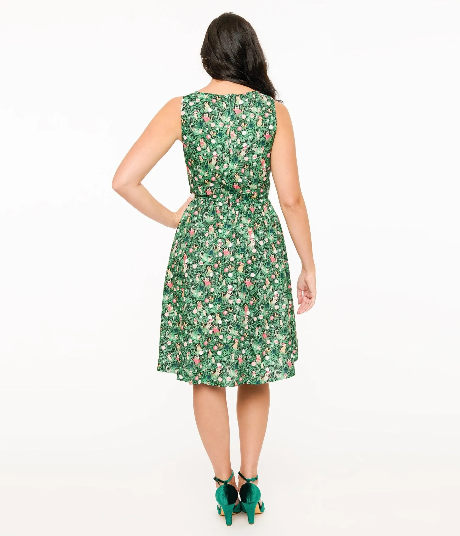 Retrolicious 1950s Green Holiday Cat Print Cotton Swing Dress sold by Unique Vintage product image thumbnail 3