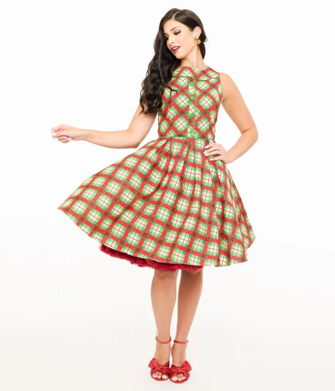 Retrolicious 1950s Red Tartan Holiday Elizabeth Swing Dress sold by Unique Vintage