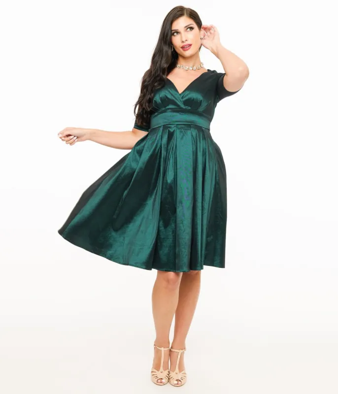 Voodoo Vixen 1950s Emerald Taffeta Sweetheart Fit & Flare Dress sold by Unique Vintage