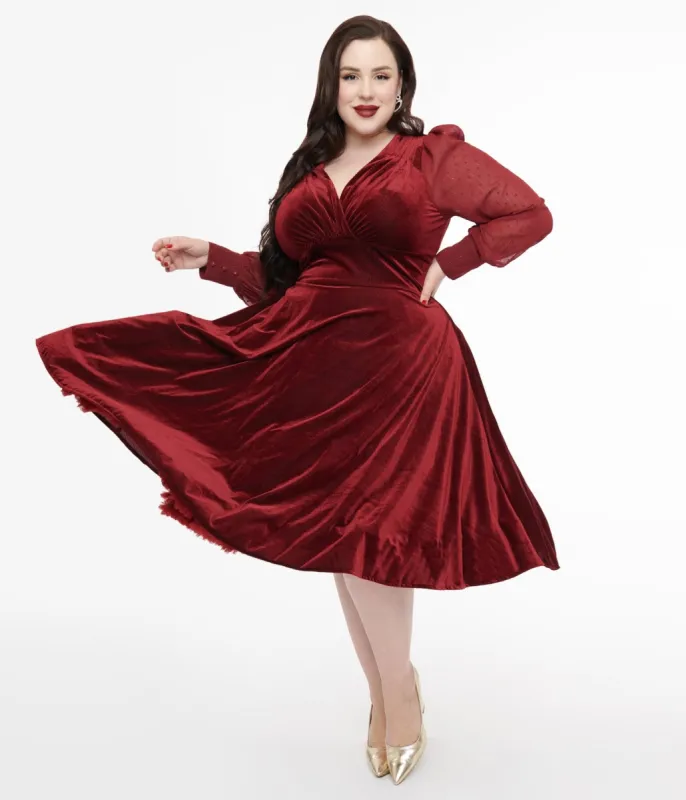 Unique Vintage Plus Size 1950s Berry Velvet Sheer Sleeve Delores Swing Dress sold by Unique Vintage