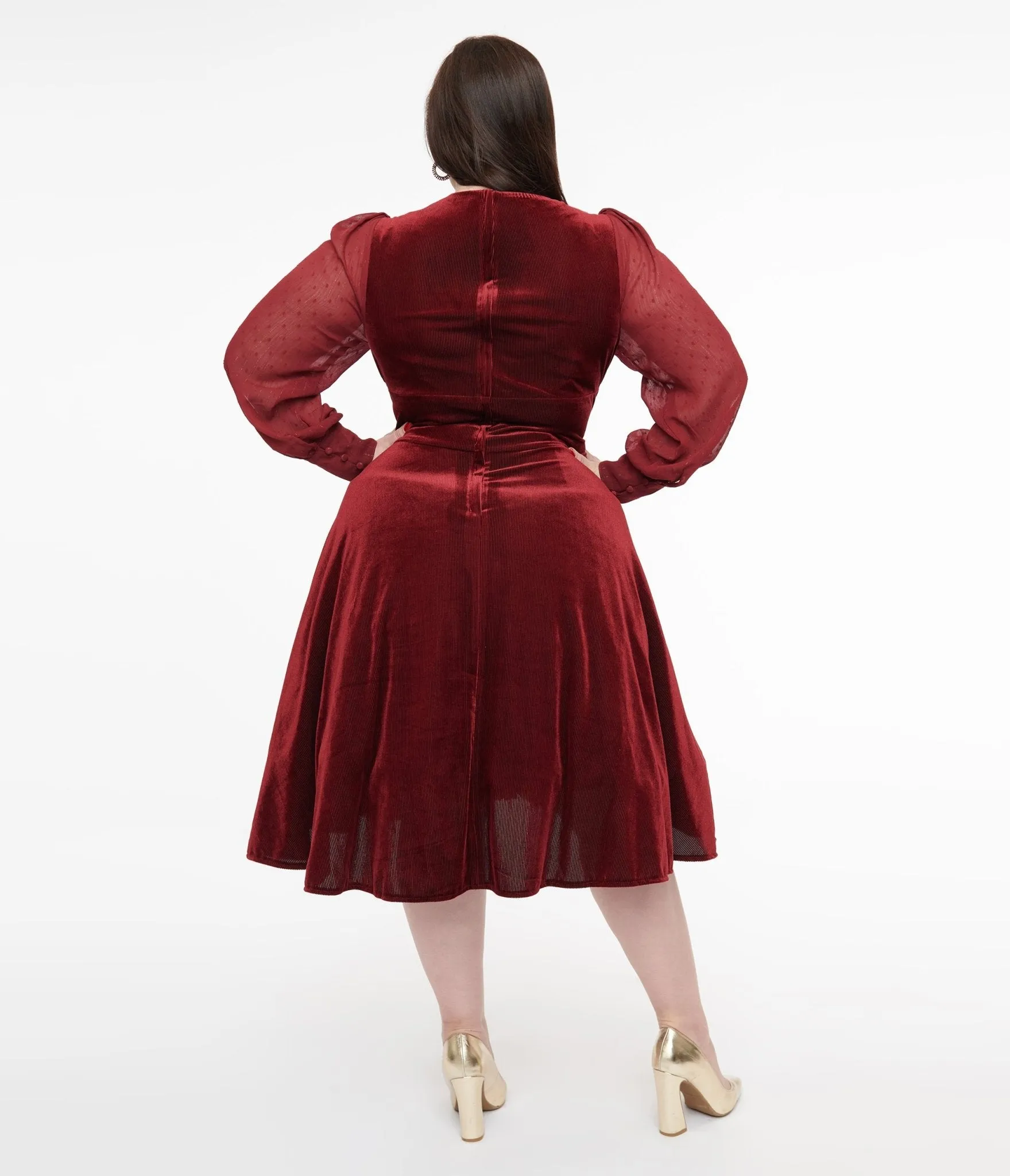 Unique Vintage Plus Size 1950s Berry Velvet Sheer Sleeve Delores Swing Dress sold by Unique Vintage product image thumbnail 2