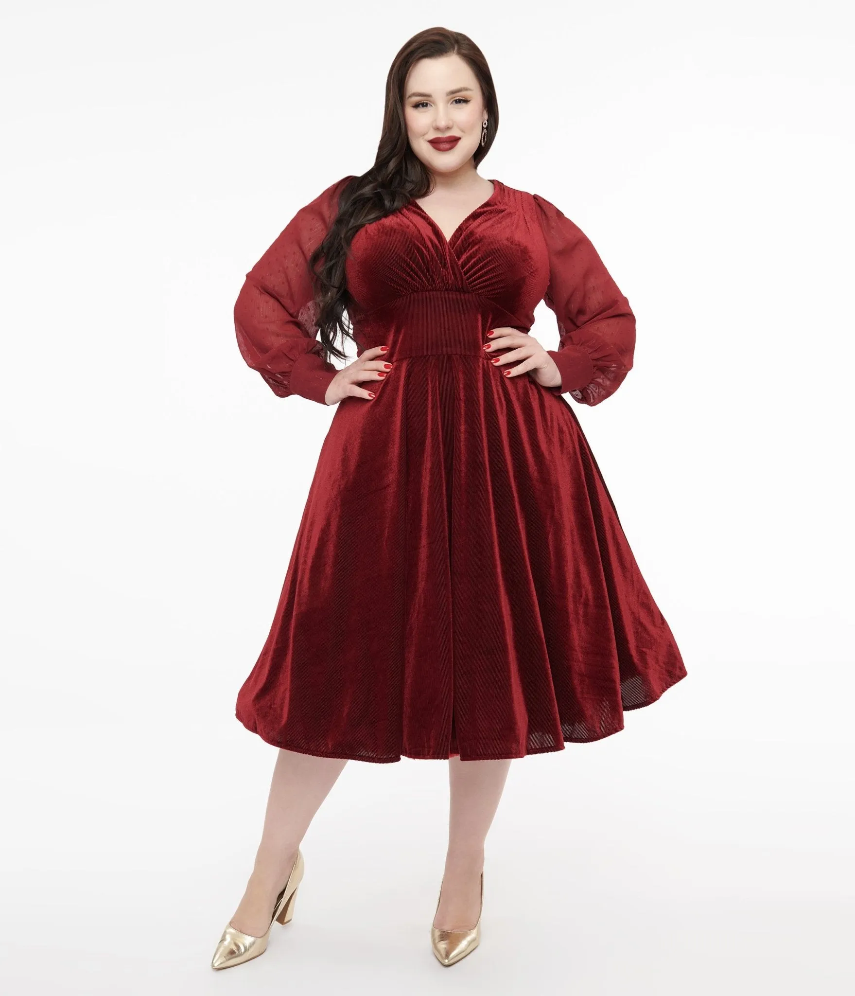 Unique Vintage Plus Size 1950s Berry Velvet Sheer Sleeve Delores Swing Dress sold by Unique Vintage product image thumbnail 3