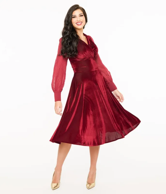 Unique Vintage 1950s Berry Velvet Sheer Sleeve Delores Swing Dress sold by Unique Vintage