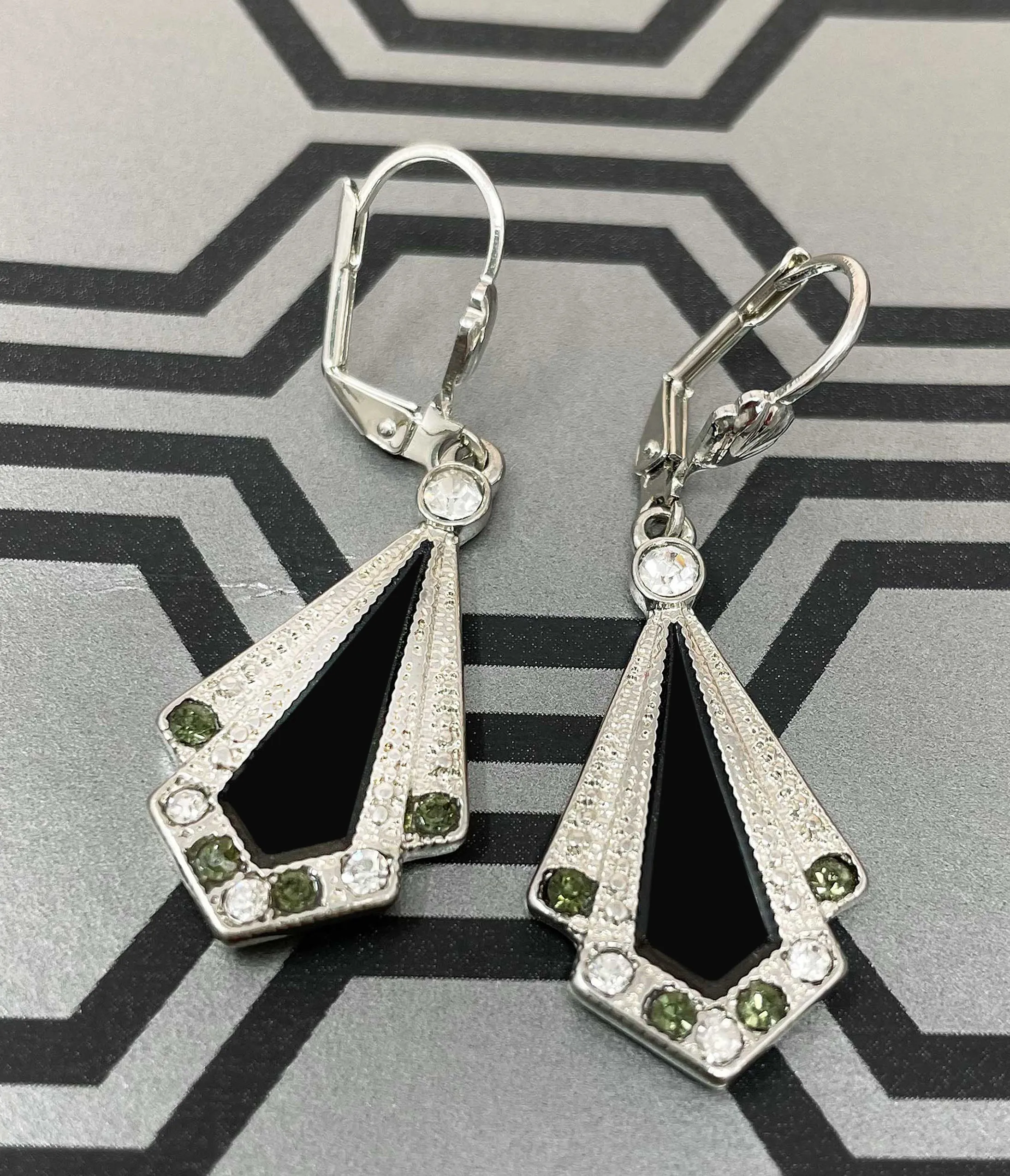 Black & Silver Rhinestone Deco Earrings sold by Unique Vintage