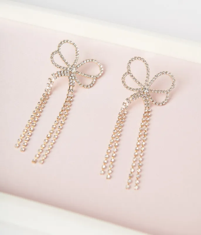 Gold & Silver Rhinestone Bow Dangle Earrings sold by Unique Vintage