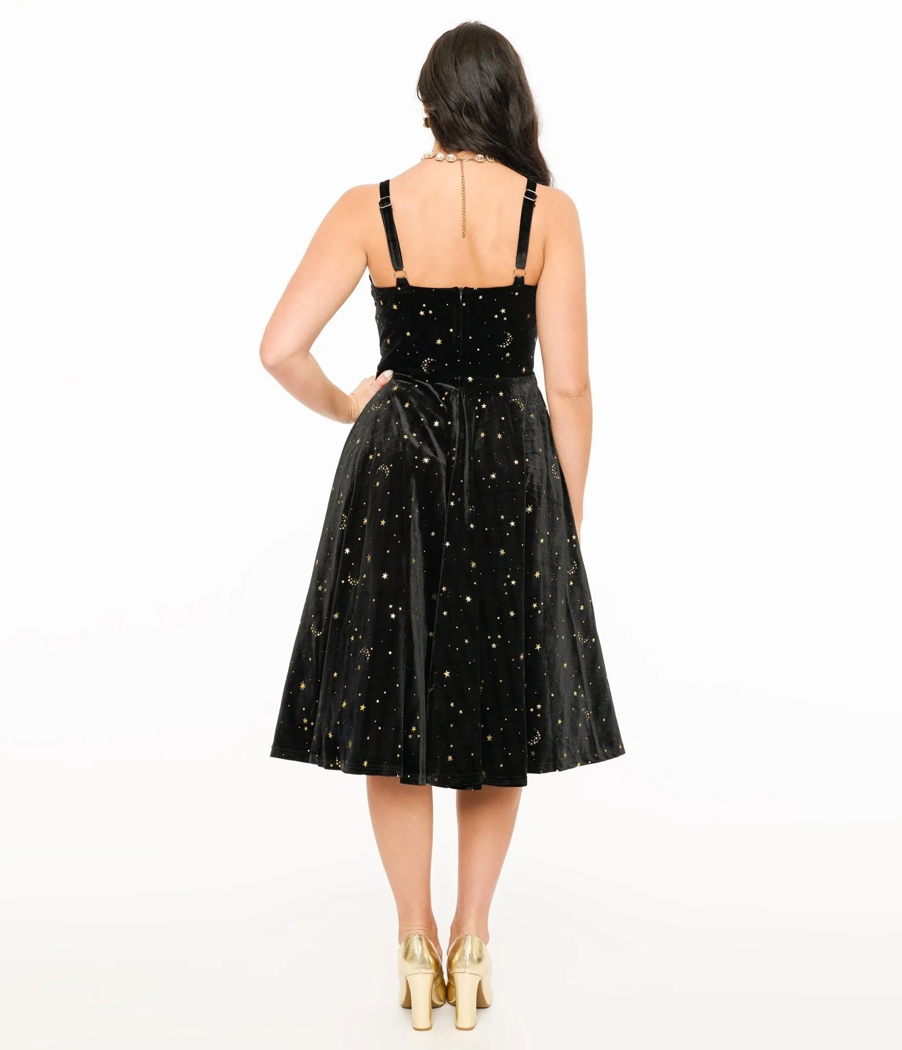 Elle Rebel Black Velvet & Gold Lunar Luxe Swing Dress sold by Unique Vintage product image thumbnail 3