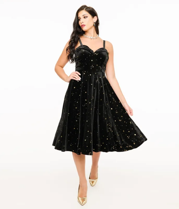 Elle Rebel Black Velvet & Gold Lunar Luxe Swing Dress sold by Unique Vintage