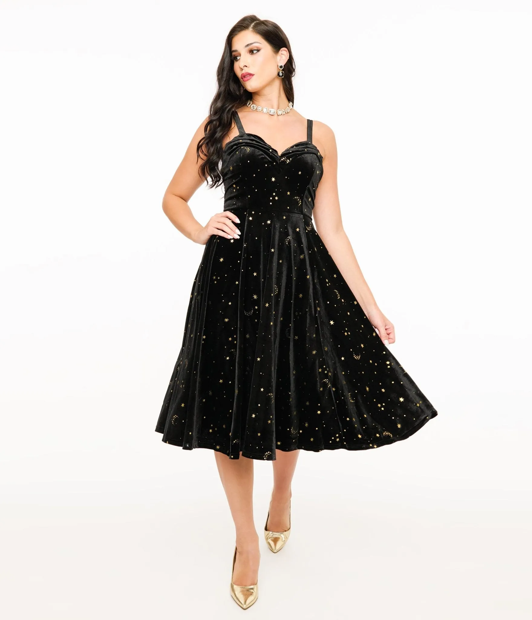 Elle Rebel Black Velvet & Gold Lunar Luxe Swing Dress sold by Unique Vintage