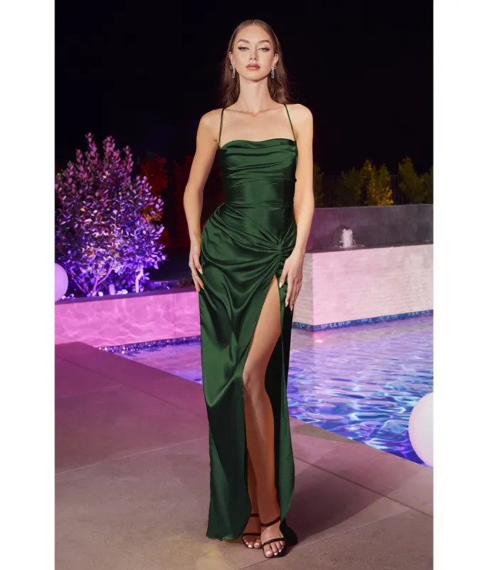 Cinderella Divine Emerald Draped Satin Slit Bridesmaid Dress sold by Unique Vintage