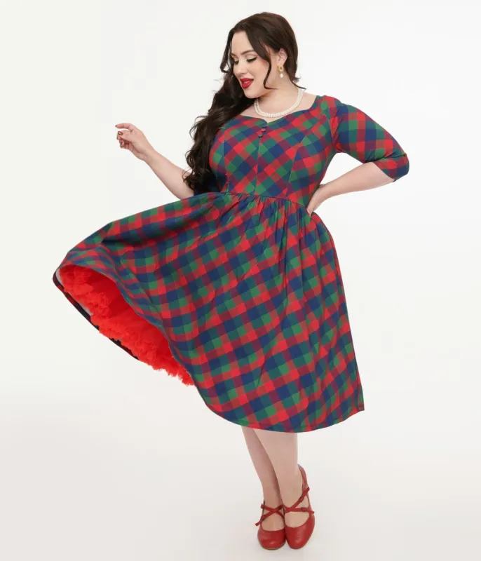 Unique Vintage Plus Size 1950s Green & Red Plaid Sweetheart Swing Dress sold by Unique Vintage