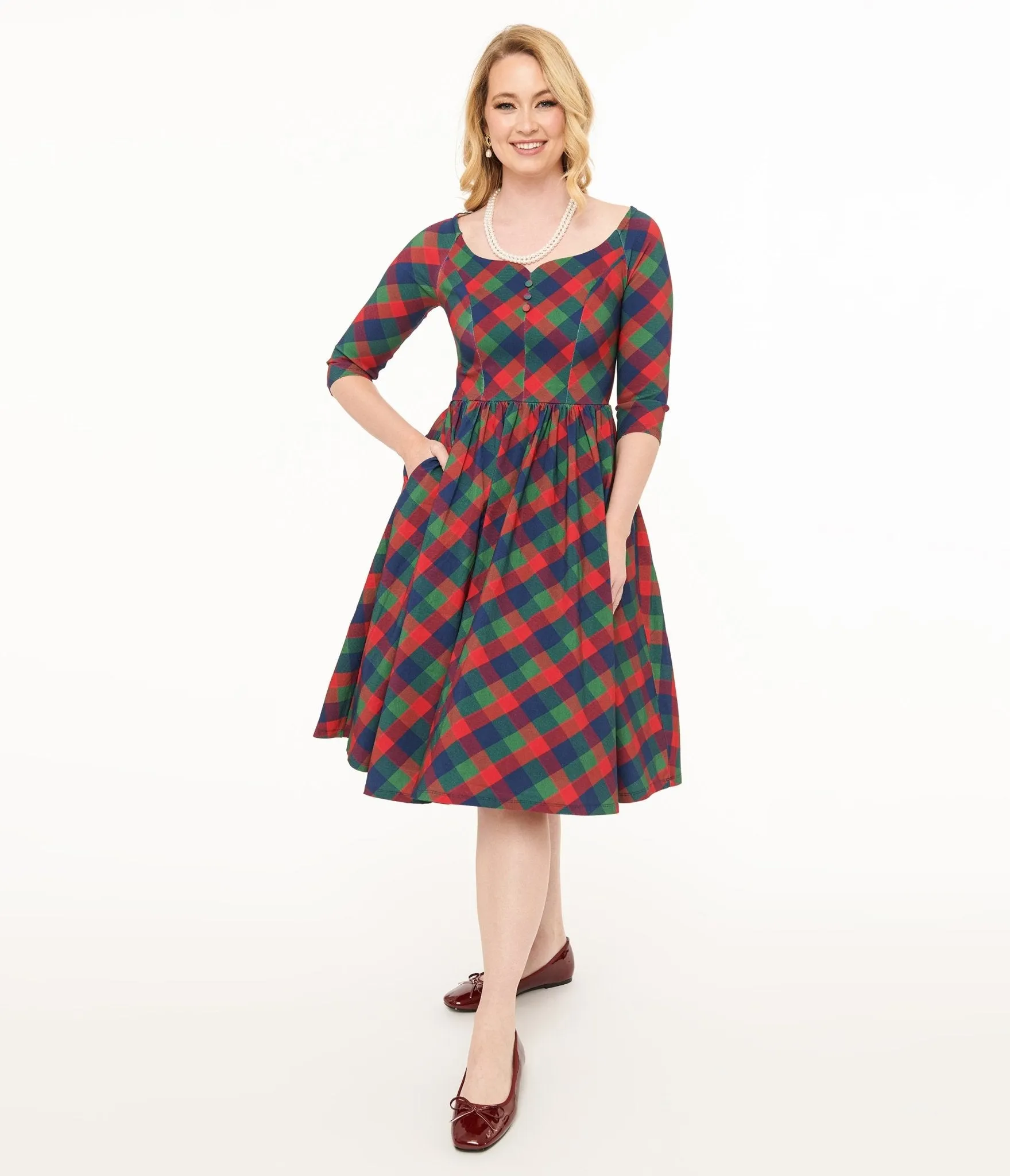 Unique Vintage 1950s Green & Red Plaid Sweetheart Swing Dress sold by Unique Vintage product image thumbnail 3