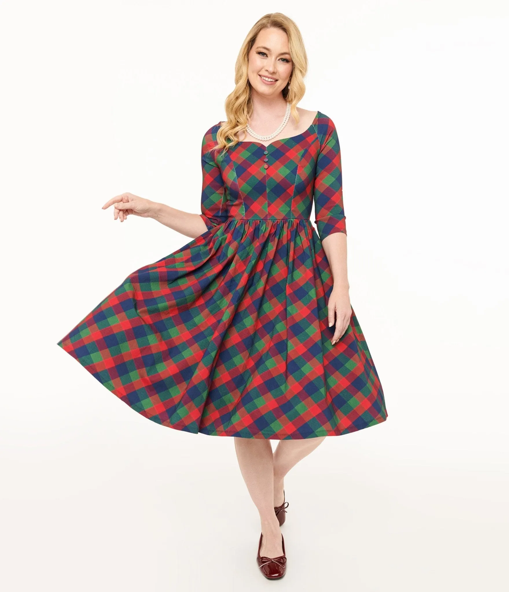 Unique Vintage 1950s Green & Red Plaid Sweetheart Swing Dress sold by Unique Vintage