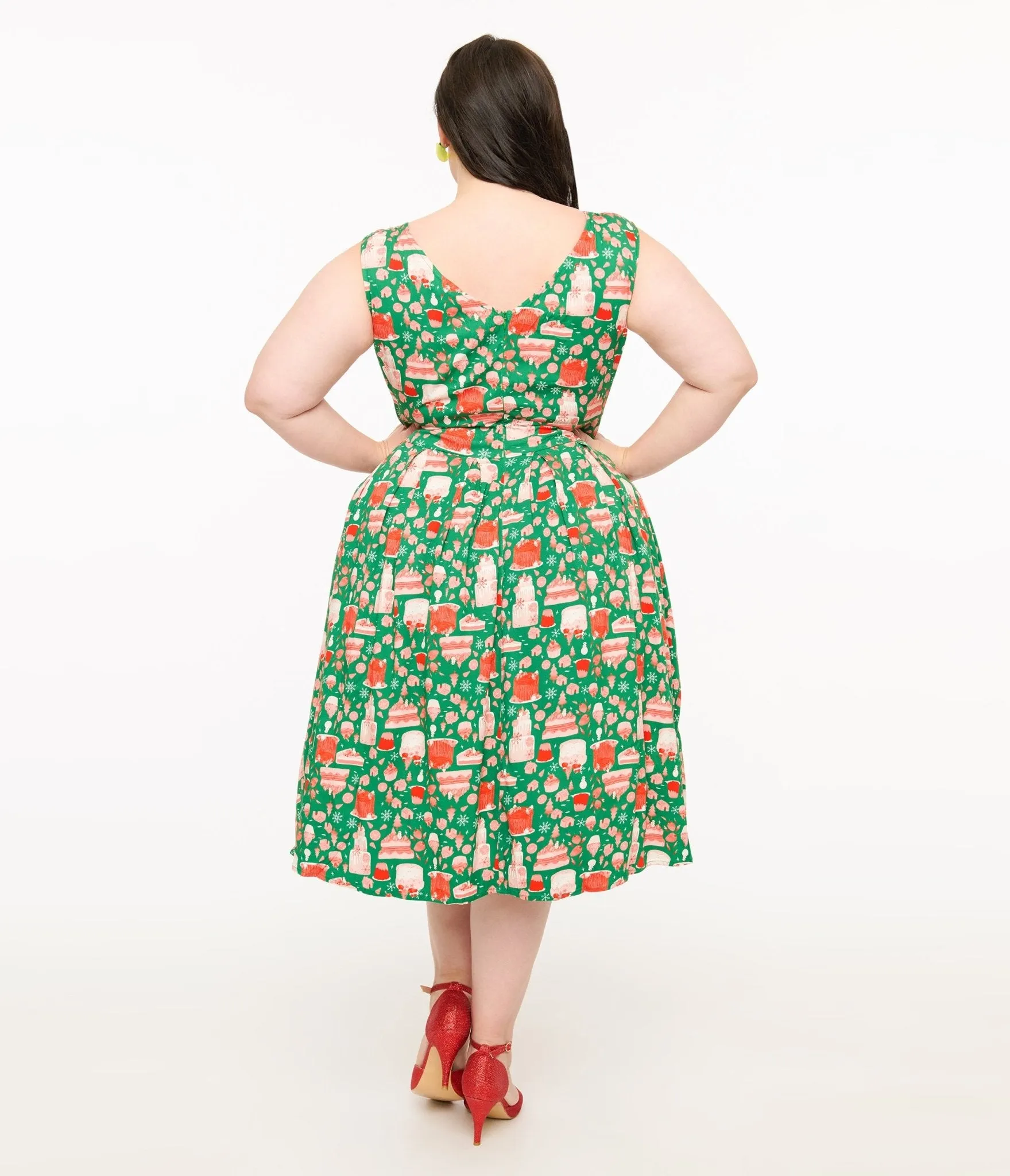 Miss Lulo Plus Size 1950s Green & Red Holiday Cake Lily Swing Dress sold by Unique Vintage product image thumbnail 2
